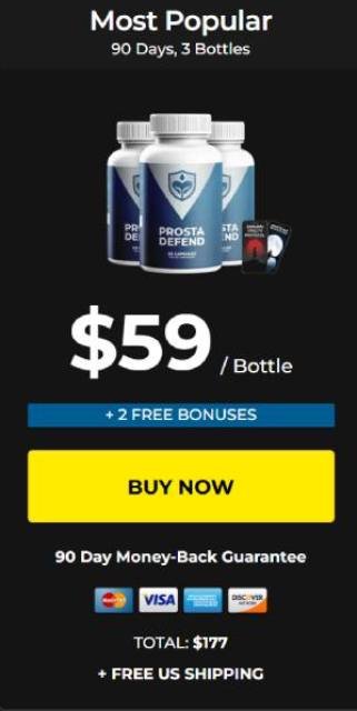 Prosta Defend pricing showing 3 bottle Most Popular Pack at $59 per bottle with free bonuses